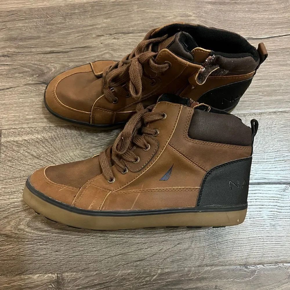 Nautica Murray Boys Dark Tan Brown Side Zip Lace Up Ankle Boots Size 5 Used